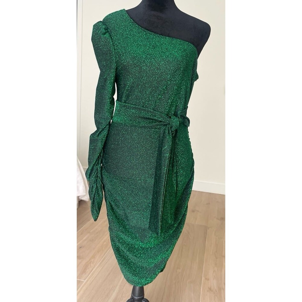 Dress , green one shoulder.